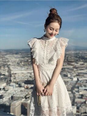 Lace Midi Dress with Ruffle Sleeves in White